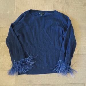 J. Crew Wool Blend Boat Neck Sweater - Navy Blue Ostrich Feather Cuffs Medium
